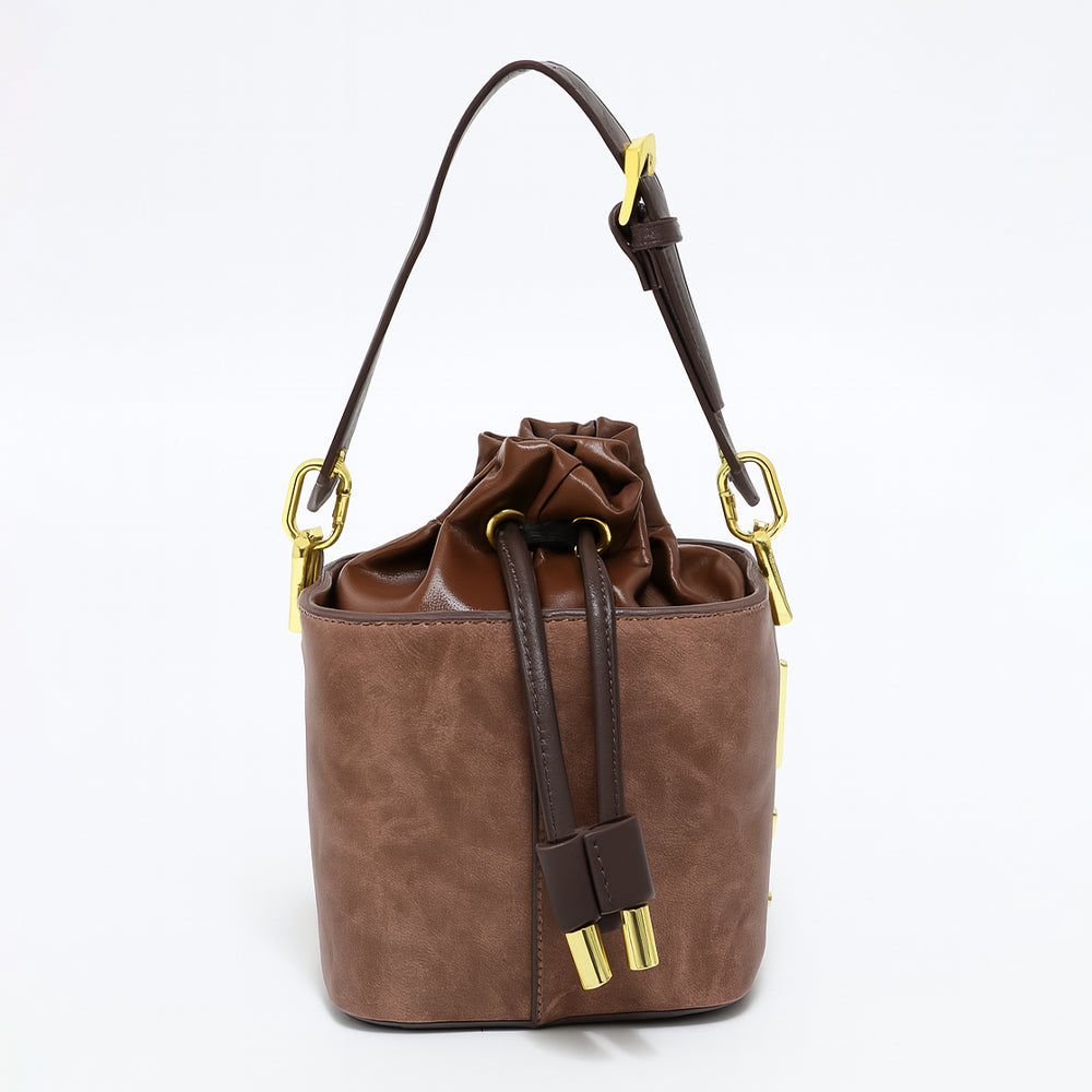 Floral Embroidered Charcoal Bucket Bag with Drawstring Closure