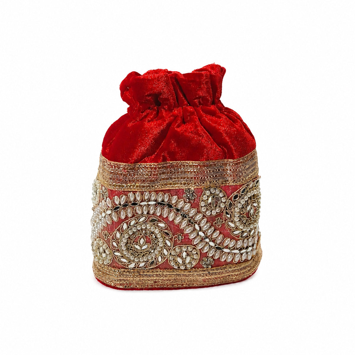 Embroidered Potli Bag with Pearl Beaded Handle & Mirror Work Bag