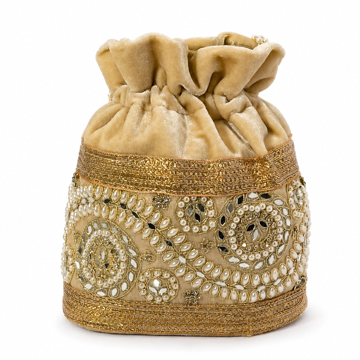 Embroidered Potli Bag with Pearl Beaded Handle & Mirror Work Bag