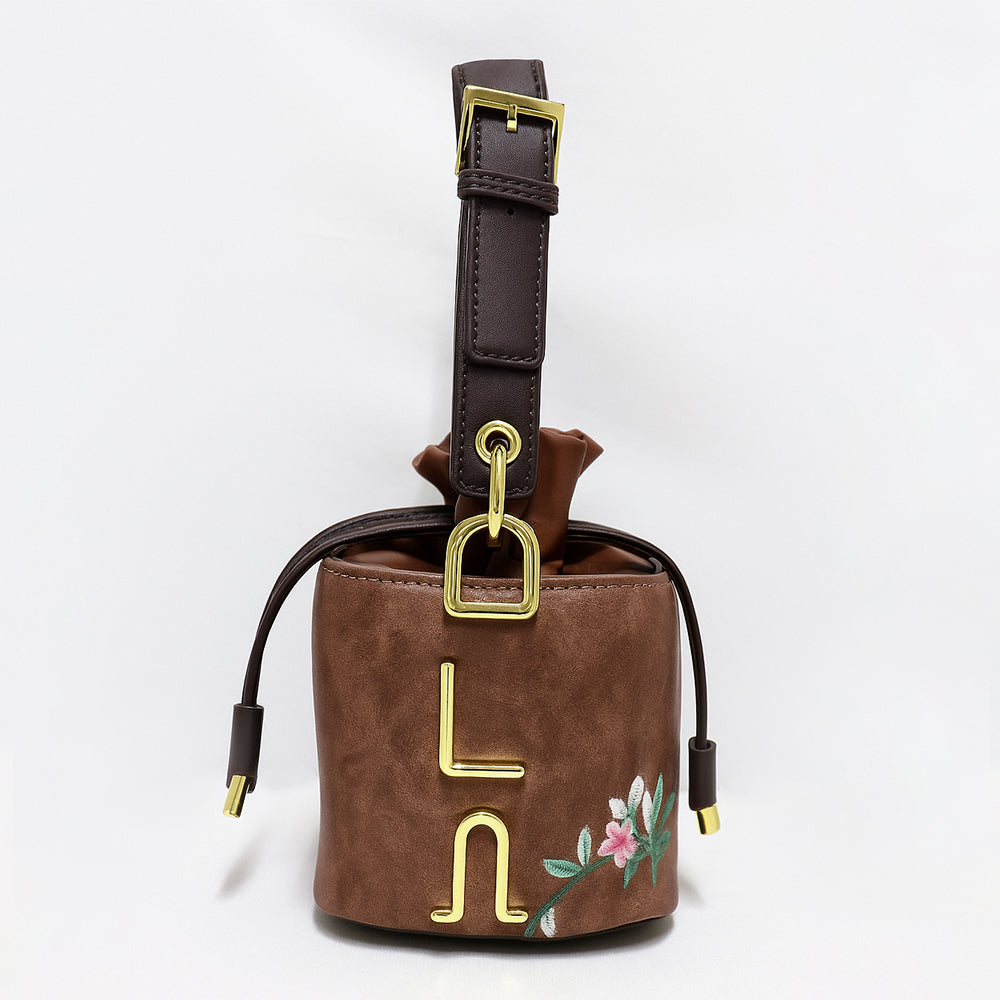 Floral Embroidered Charcoal Bucket Bag with Drawstring Closure