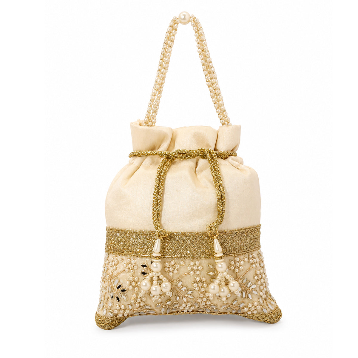 Embroidered Potli Bag with Pearl Beaded Handle & Mirror Work Bag