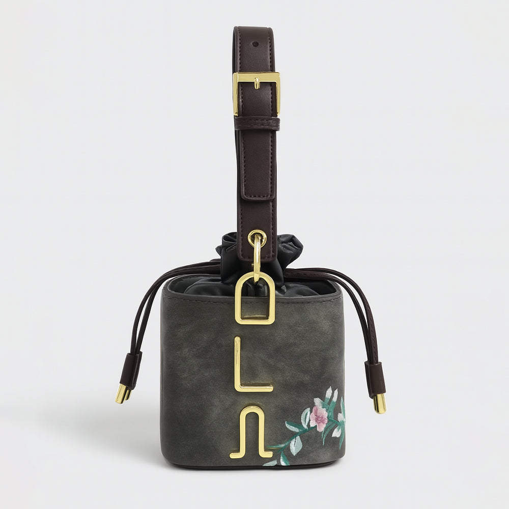 Floral Embroidered Charcoal Bucket Bag with Drawstring Closure