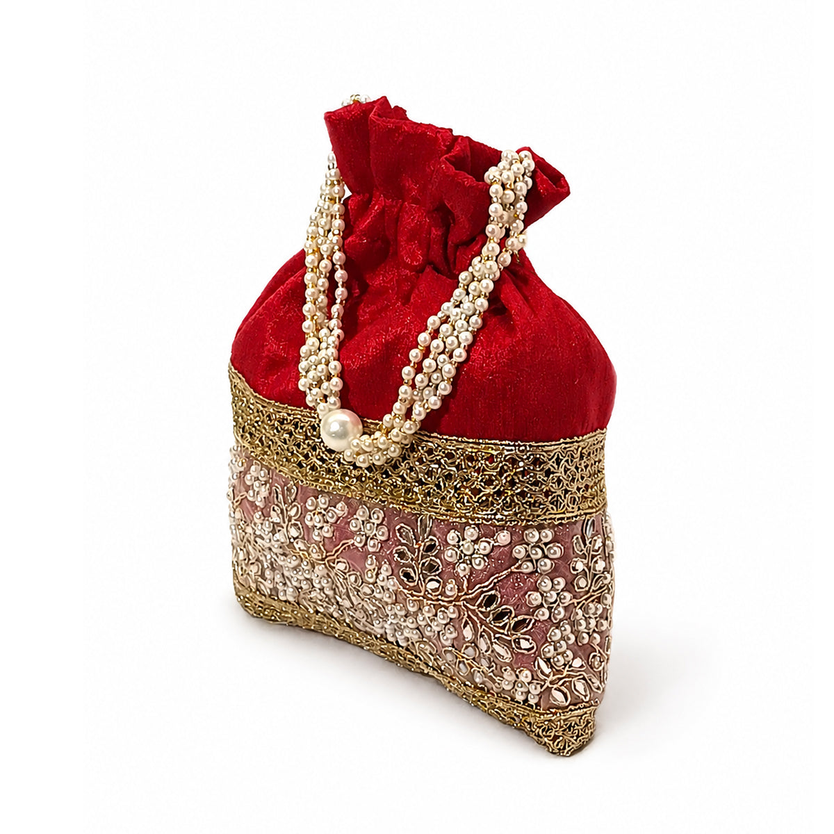 Embroidered Potli Bag with Pearl Beaded Handle & Mirror Work Bag