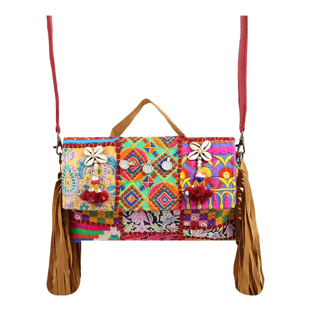 Bohemian Patchwork Fringe Handbag with Tribal Embellishments
