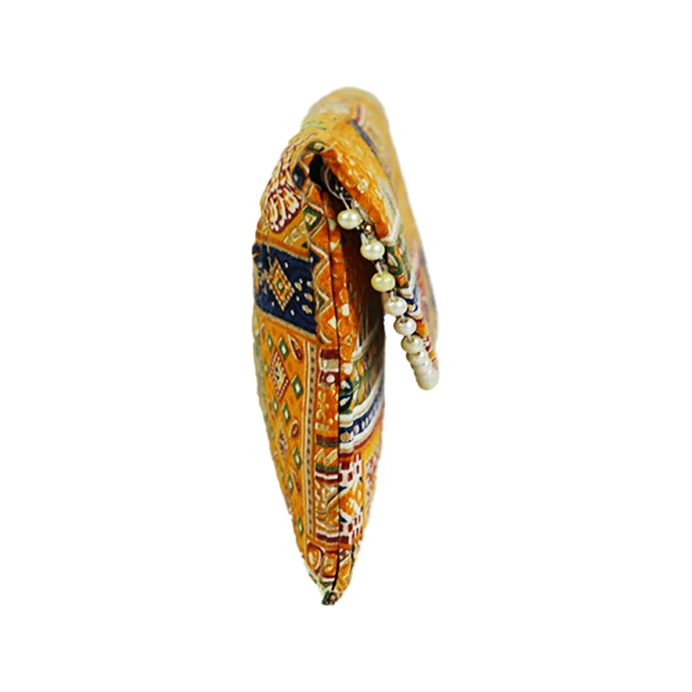 Women Black Ethnic Printed Clutch with Pearl Detailing – Traditional Party Envelope Handbag