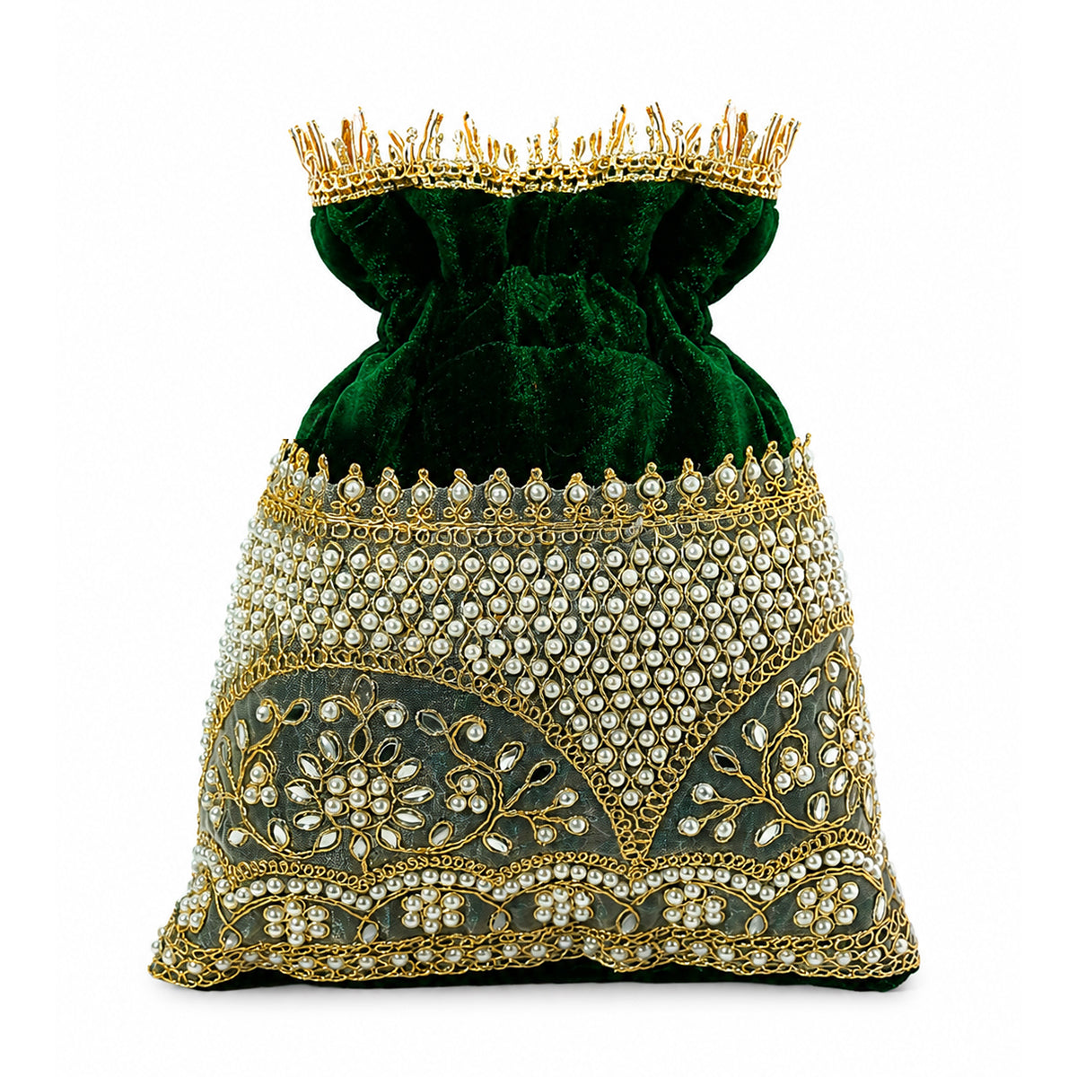 Embroidered Potli Bag with Pearl Beaded Handle & Mirror Work Bag