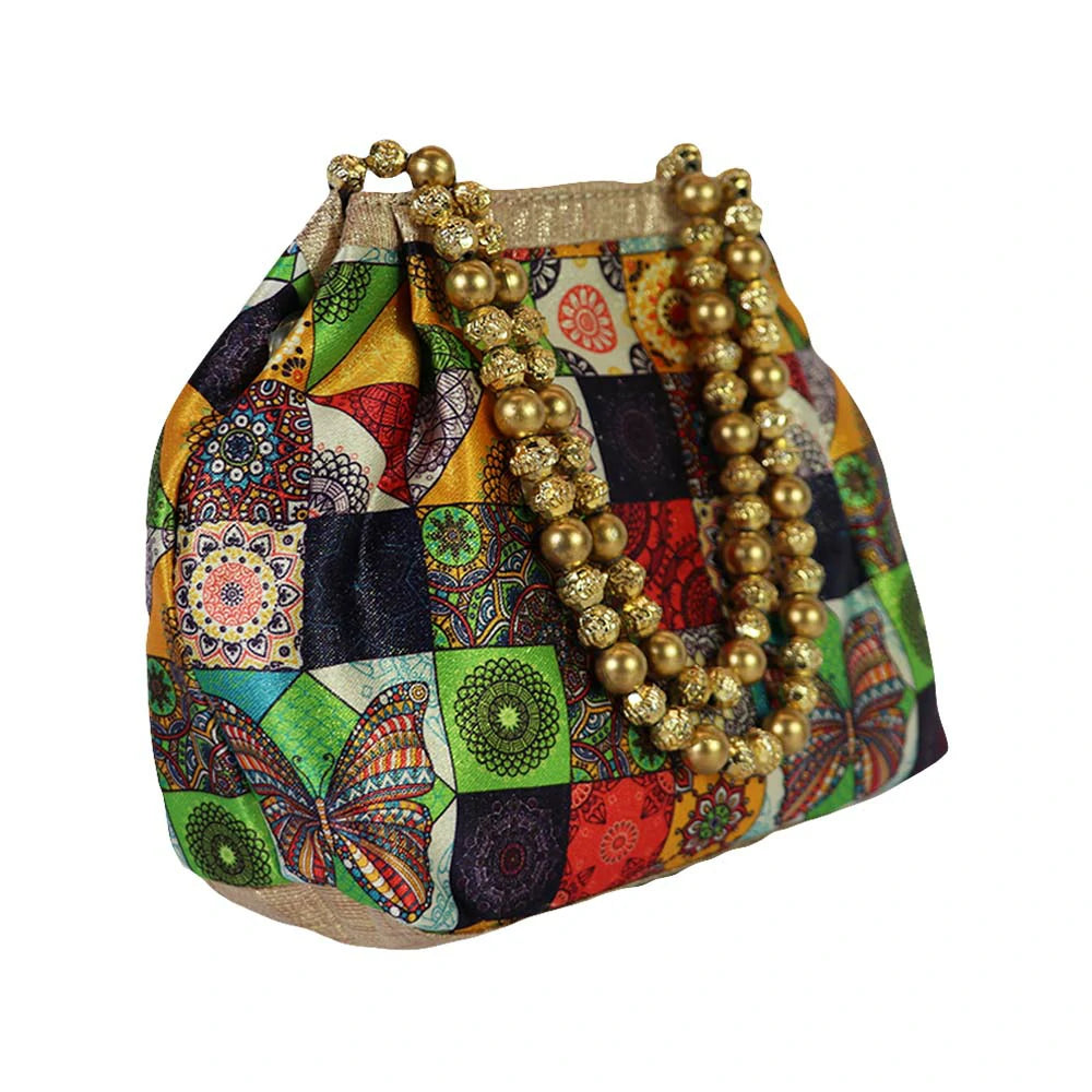 Women’s Multicolor Patchwork Handbag with Golden Beaded Handle