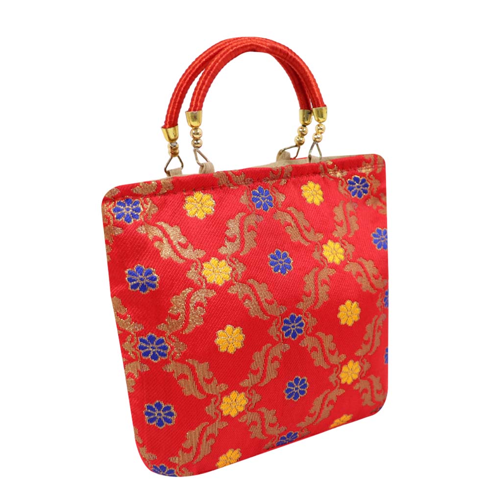 Brocade Handbag with Circular Motif and Wooden Handles