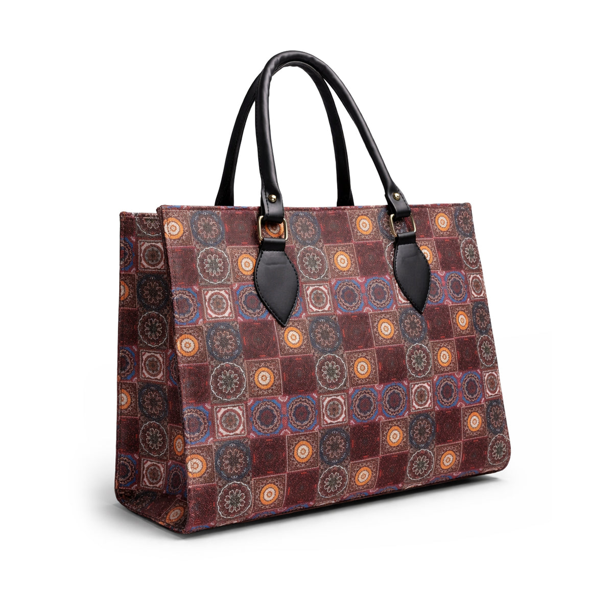 Floral Printed Structured Tote Bag with Black Handles