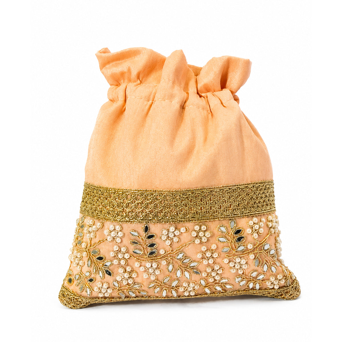 Embroidered Potli Bag with Pearl Beaded Handle & Mirror Work Bag