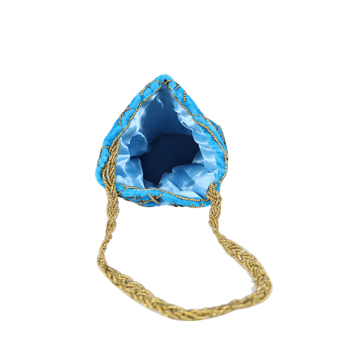 Women Blue Embroidered Potli Bag with Golden Bead Work & Chain Strap