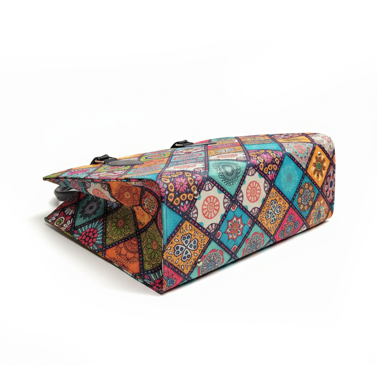 Floral Printed Structured Tote Bag with Black Handles