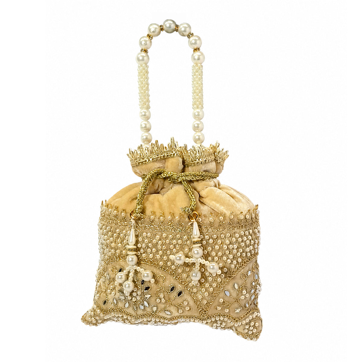 Embroidered Potli Bag with Pearl Beaded Handle & Mirror Work Bag