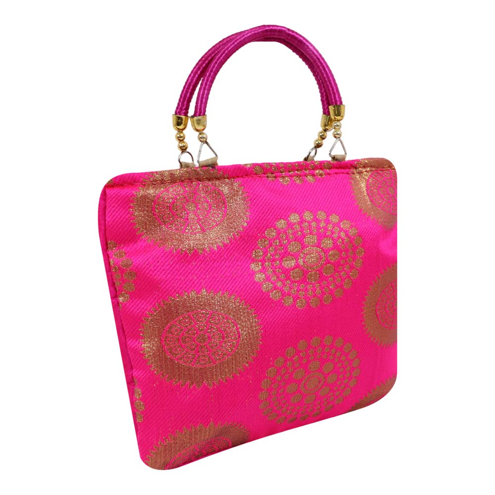 Brocade Handbag with Circular Motif and Wooden Handles