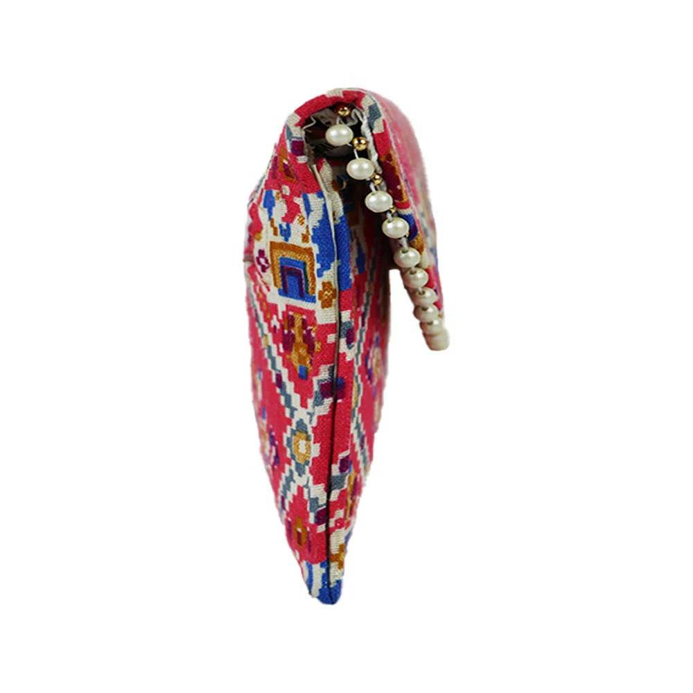 Women Black Ethnic Printed Clutch with Pearl Detailing – Traditional Party Envelope Handbag