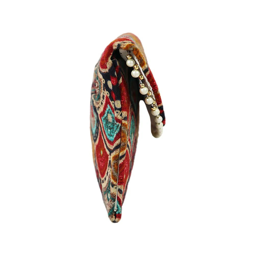 Women Black Ethnic Printed Clutch with Pearl Detailing – Traditional Party Envelope Handbag