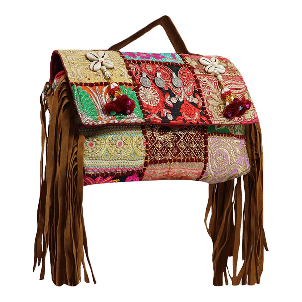 Bohemian Patchwork Fringe Handbag with Tribal Embellishments