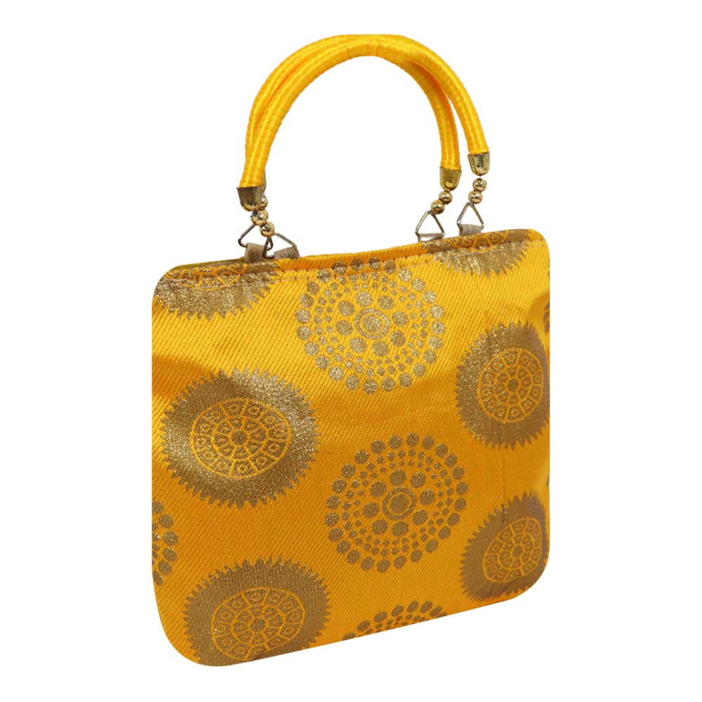 Brocade Handbag with Circular Motif and Wooden Handles