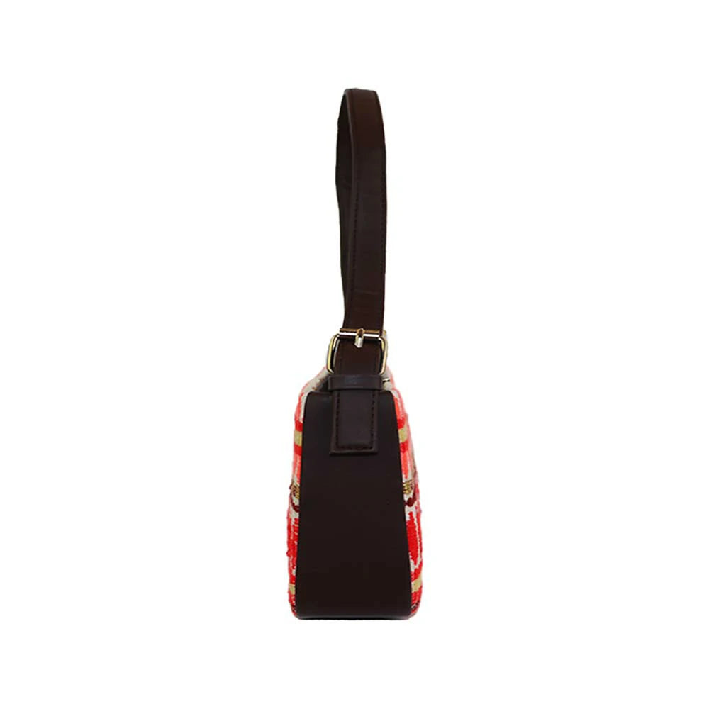 Embroidered Shoulder Bag with Detachable Strap and Zipper Closure