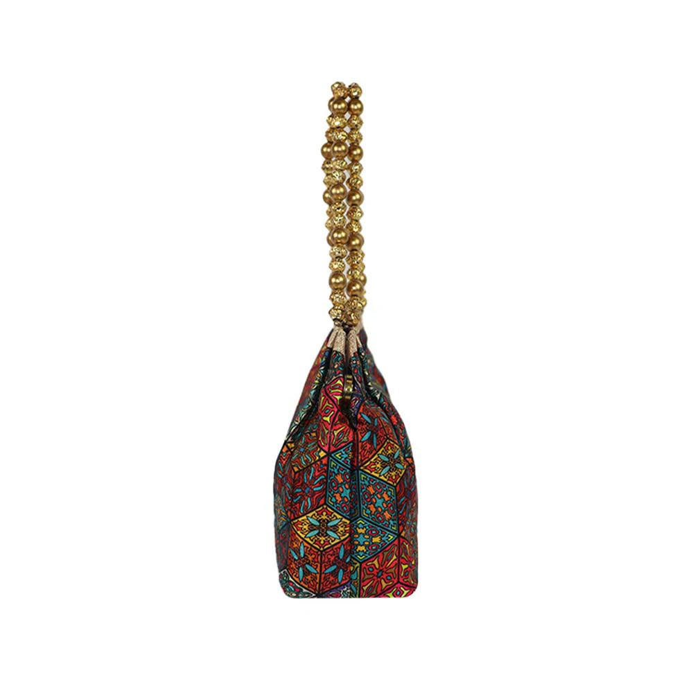 Women’s Multicolor Patchwork Handbag with Golden Beaded Handle