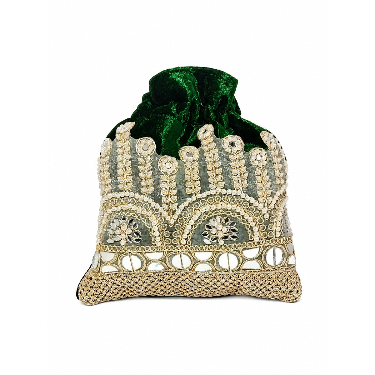 Embroidered Potli Bag with Pearl Beaded Handle & Mirror Work Bag