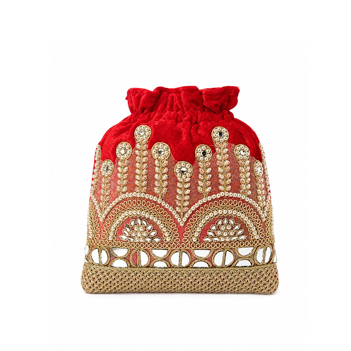 Embroidered Potli Bag with Pearl Beaded Handle & Mirror Work Bag