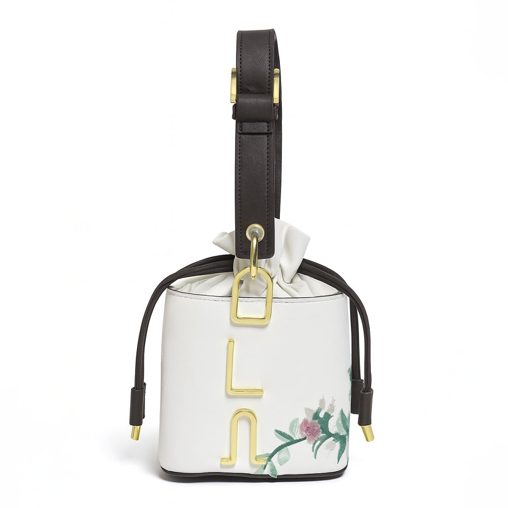 Floral Embroidered Charcoal Bucket Bag with Drawstring Closure
