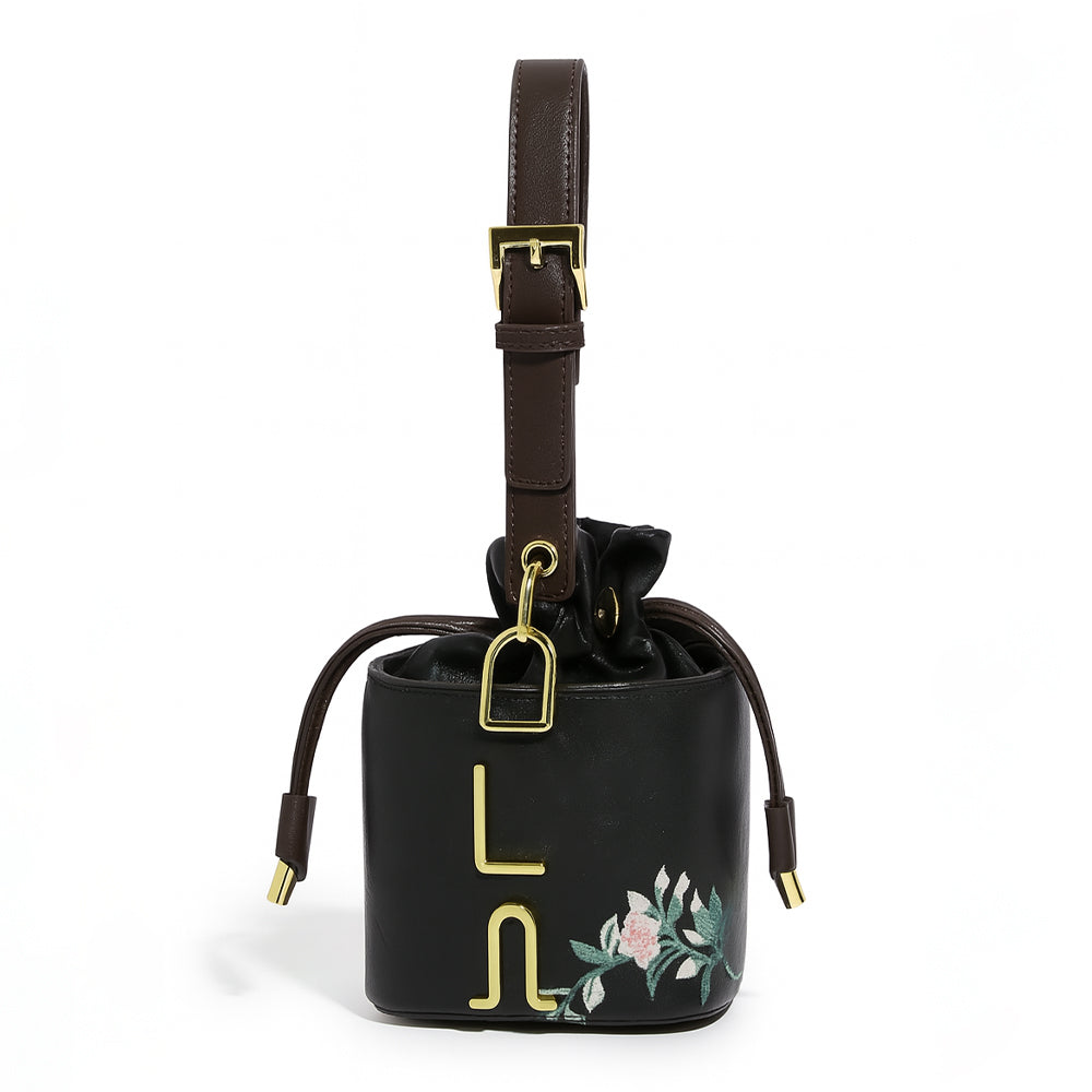 Floral Embroidered Charcoal Bucket Bag with Drawstring Closure