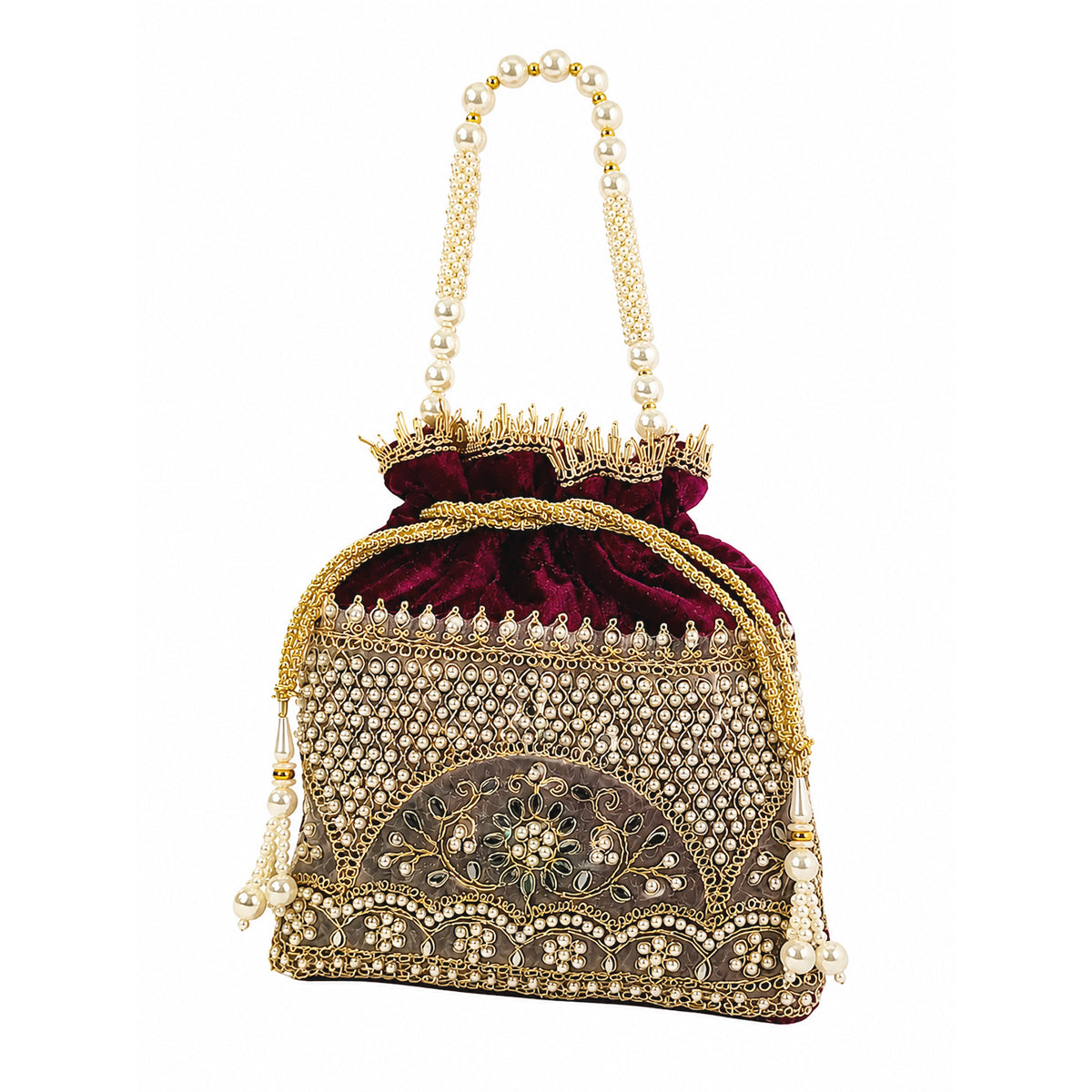 Embroidered Potli Bag with Pearl Beaded Handle & Mirror Work Bag