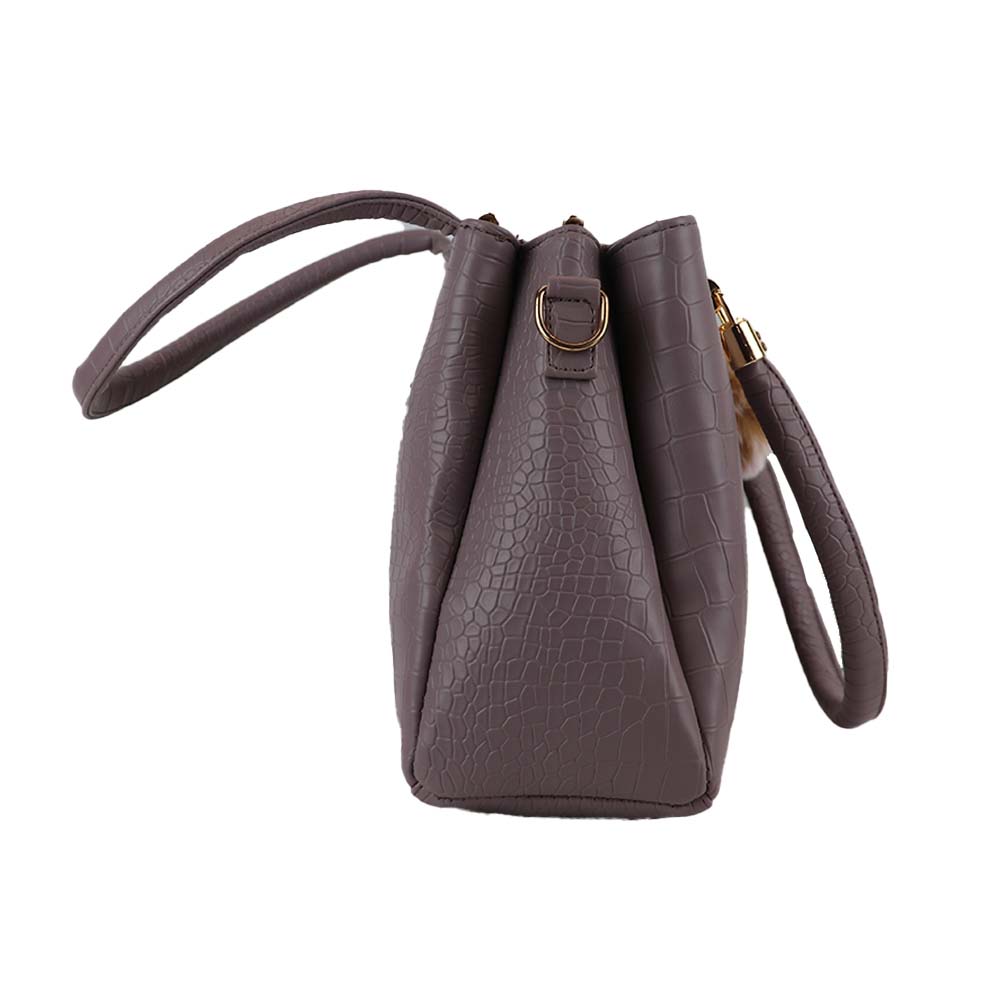 Croc Texture Handbag with Shoulder Strap and Pom Pom Charm Stylish