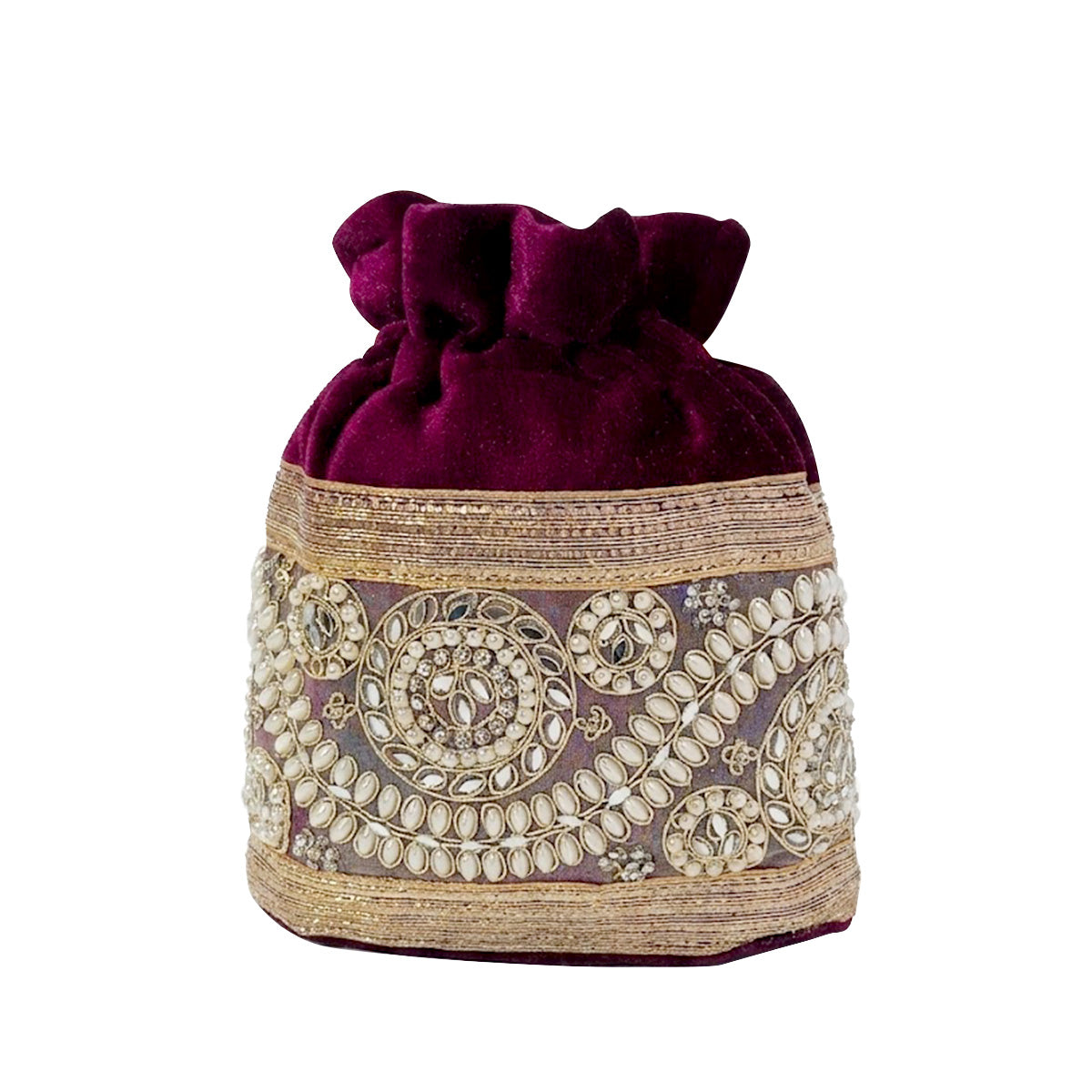 Embroidered Potli Bag with Pearl Beaded Handle & Mirror Work Bag