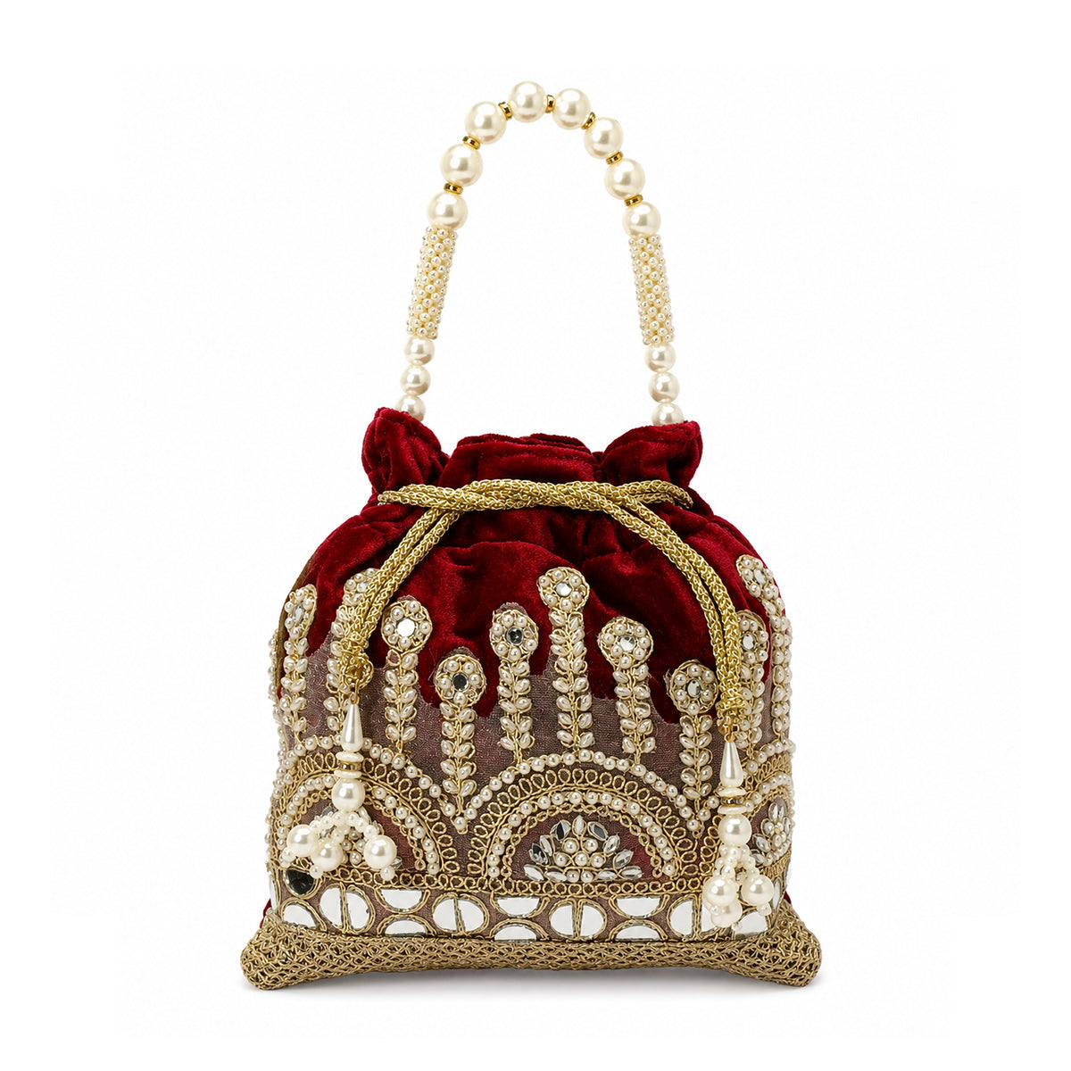 Embroidered Potli Bag with Pearl Beaded Handle & Mirror Work Bag