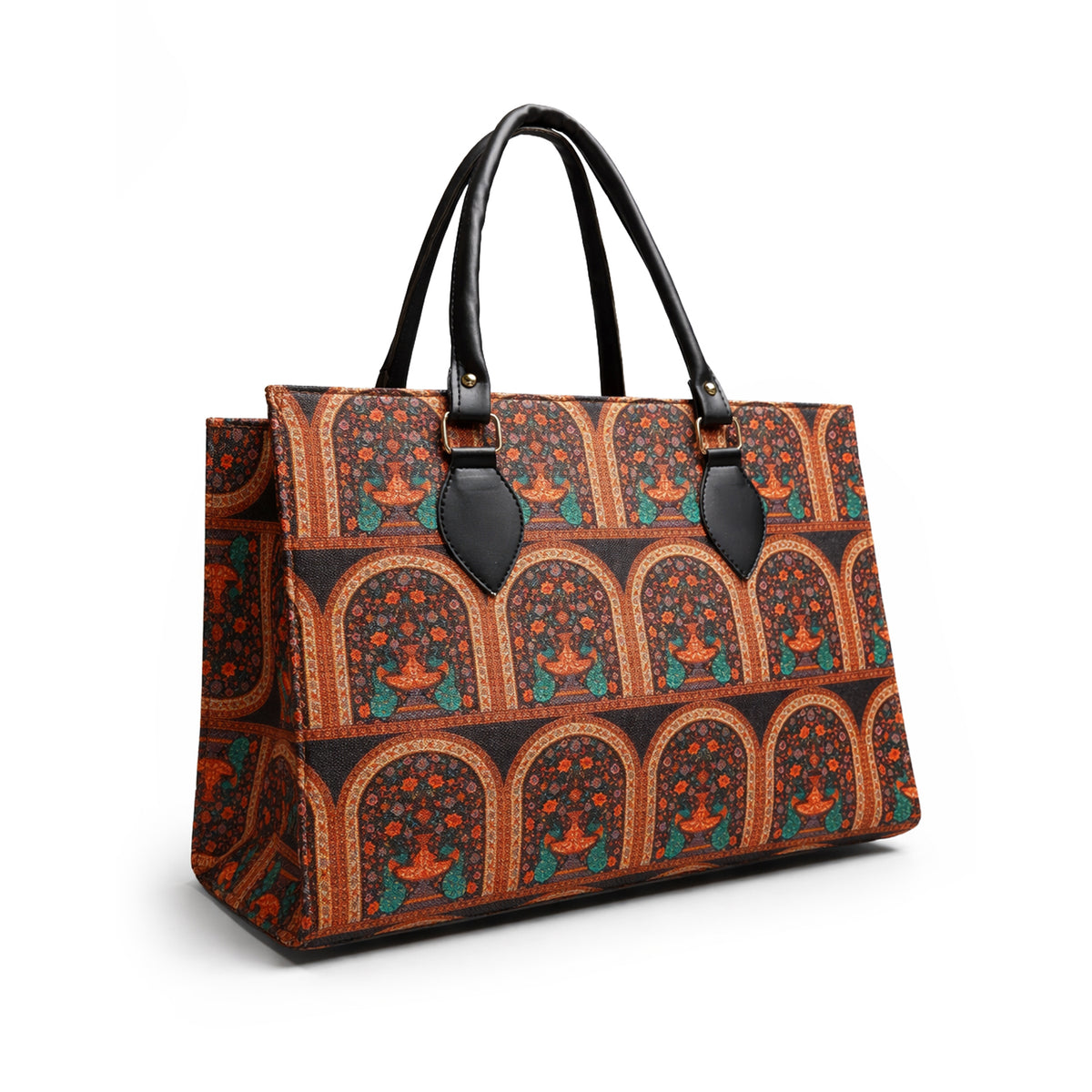 Floral Printed Structured Tote Bag with Black Handles