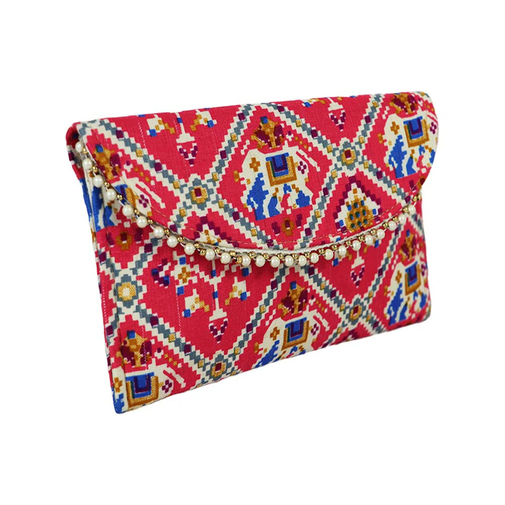 Women Black Ethnic Printed Clutch with Pearl Detailing – Traditional Party Envelope Handbag