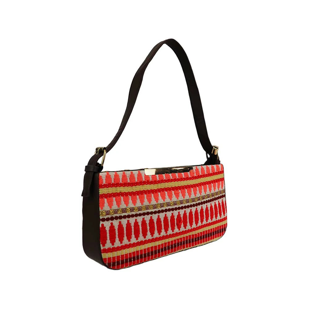 Embroidered Shoulder Bag with Detachable Strap and Zipper Closure
