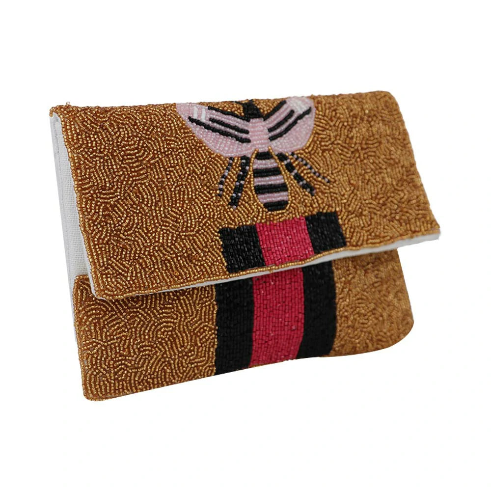 Women’s Bee Embellished Beaded Clutch with Detachable Chain Strap