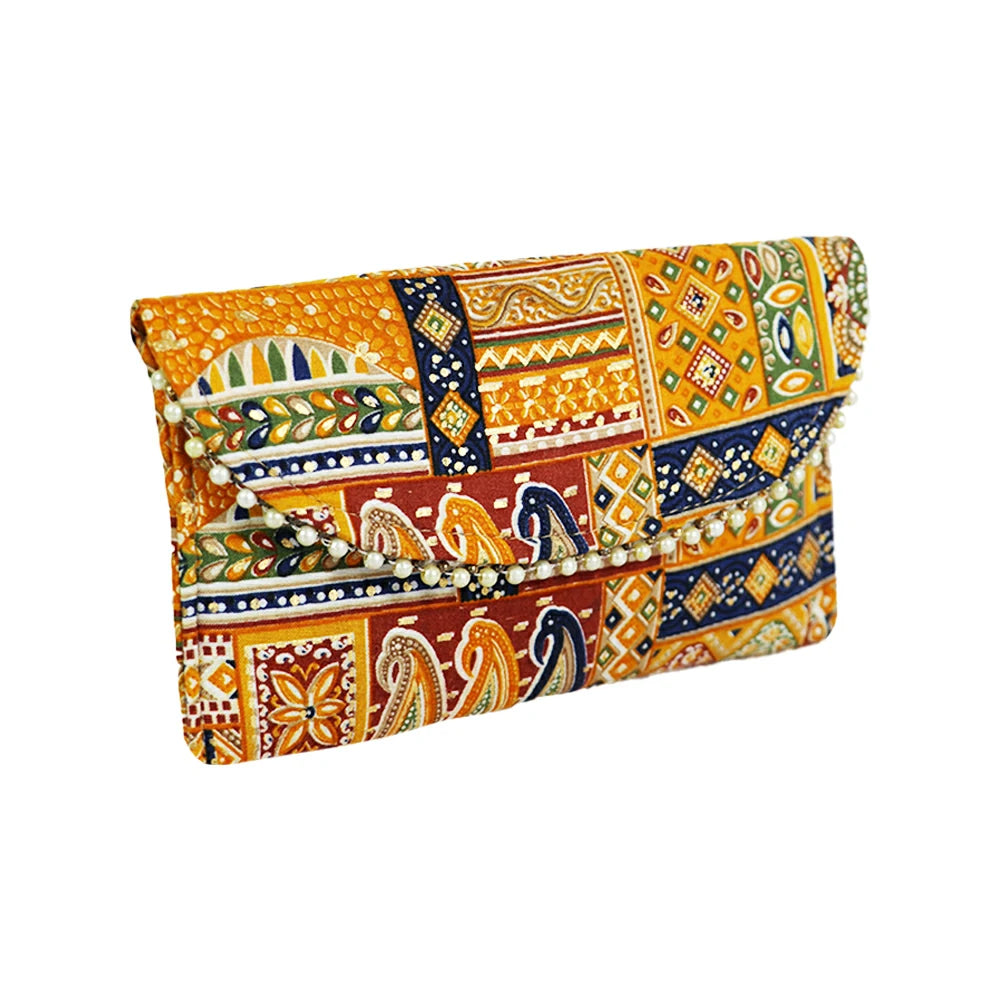 Women Black Ethnic Printed Clutch with Pearl Detailing – Traditional Party Envelope Handbag