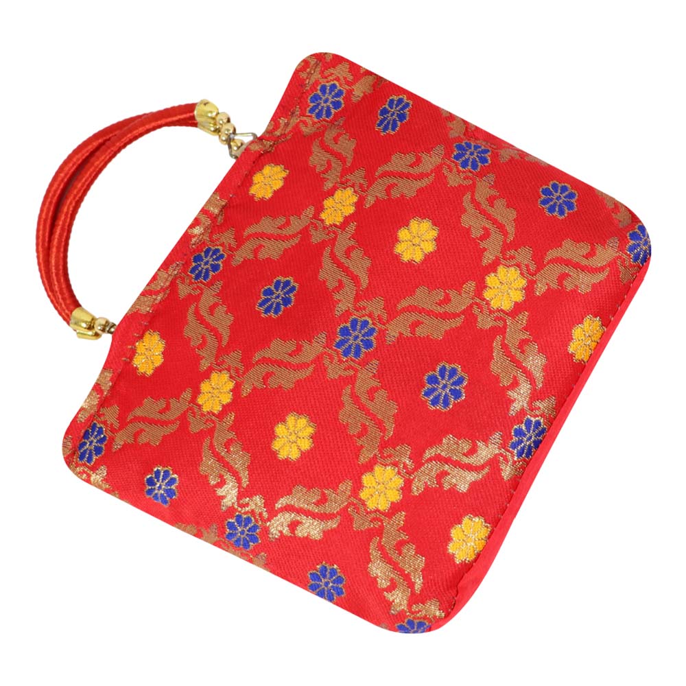 Brocade Handbag with Circular Motif and Wooden Handles