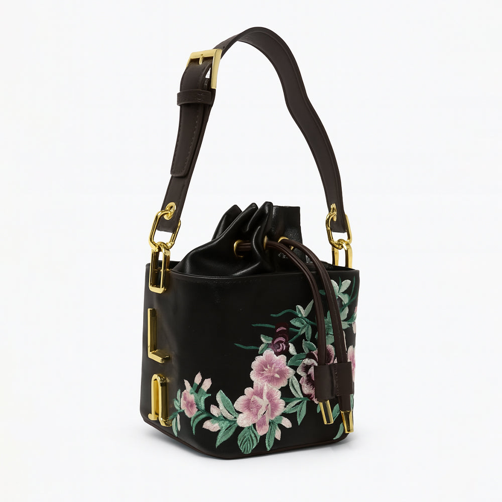 Floral Embroidered Charcoal Bucket Bag with Drawstring Closure