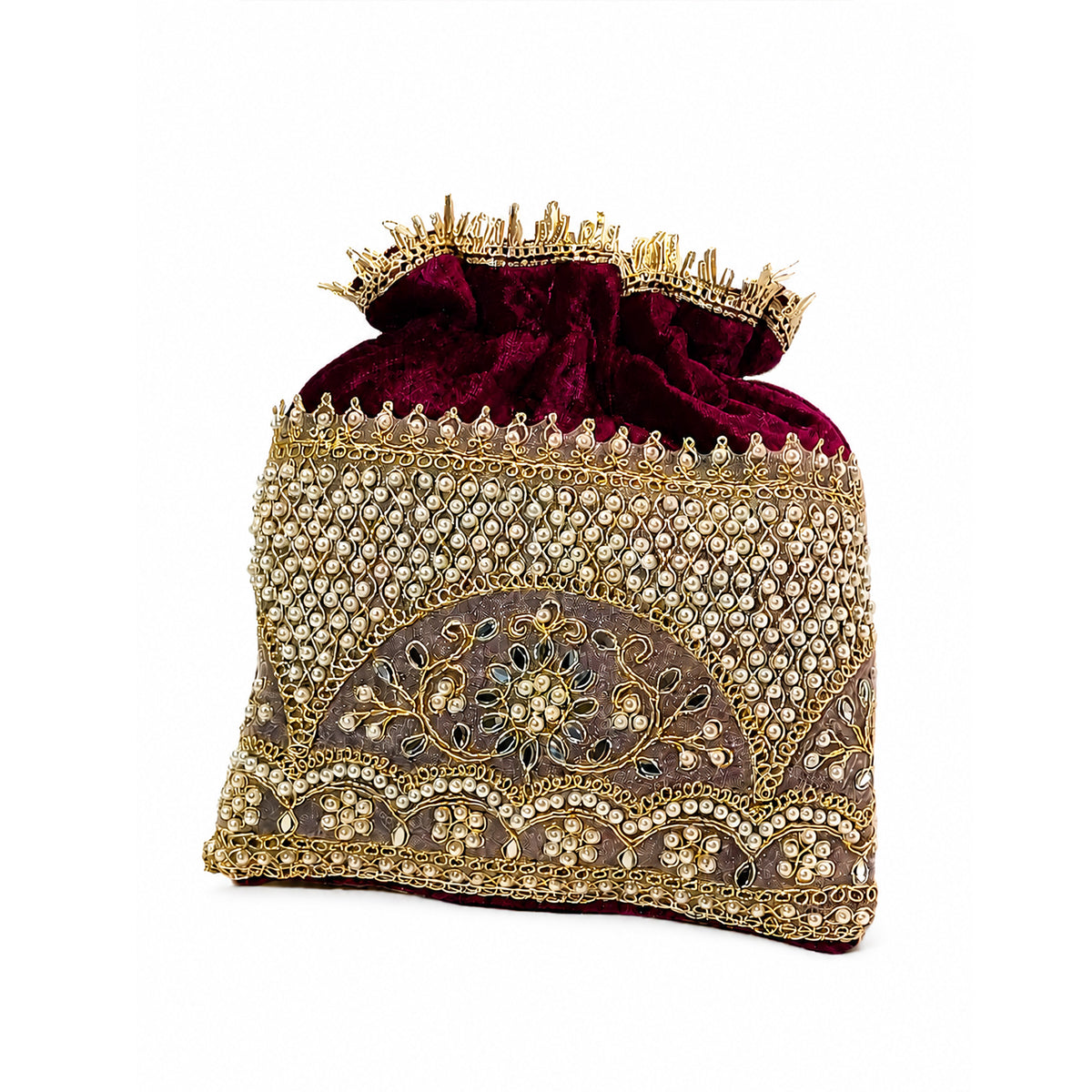 Embroidered Potli Bag with Pearl Beaded Handle & Mirror Work Bag