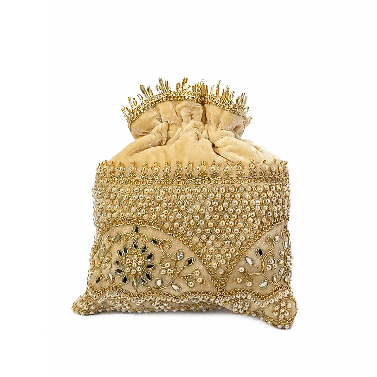 Embroidered Potli Bag with Pearl Beaded Handle & Mirror Work Bag