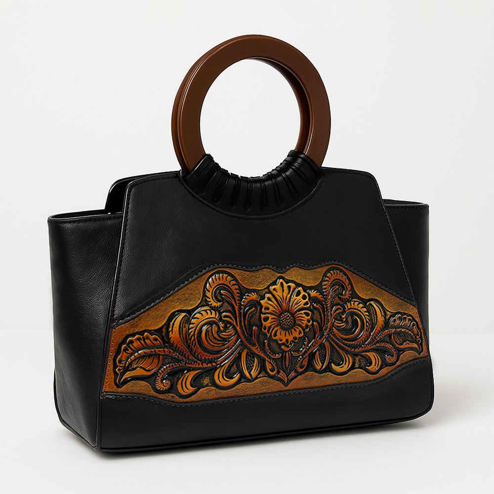 Vintage Leather Carved Floral Handle Bag with Round Resin Handle