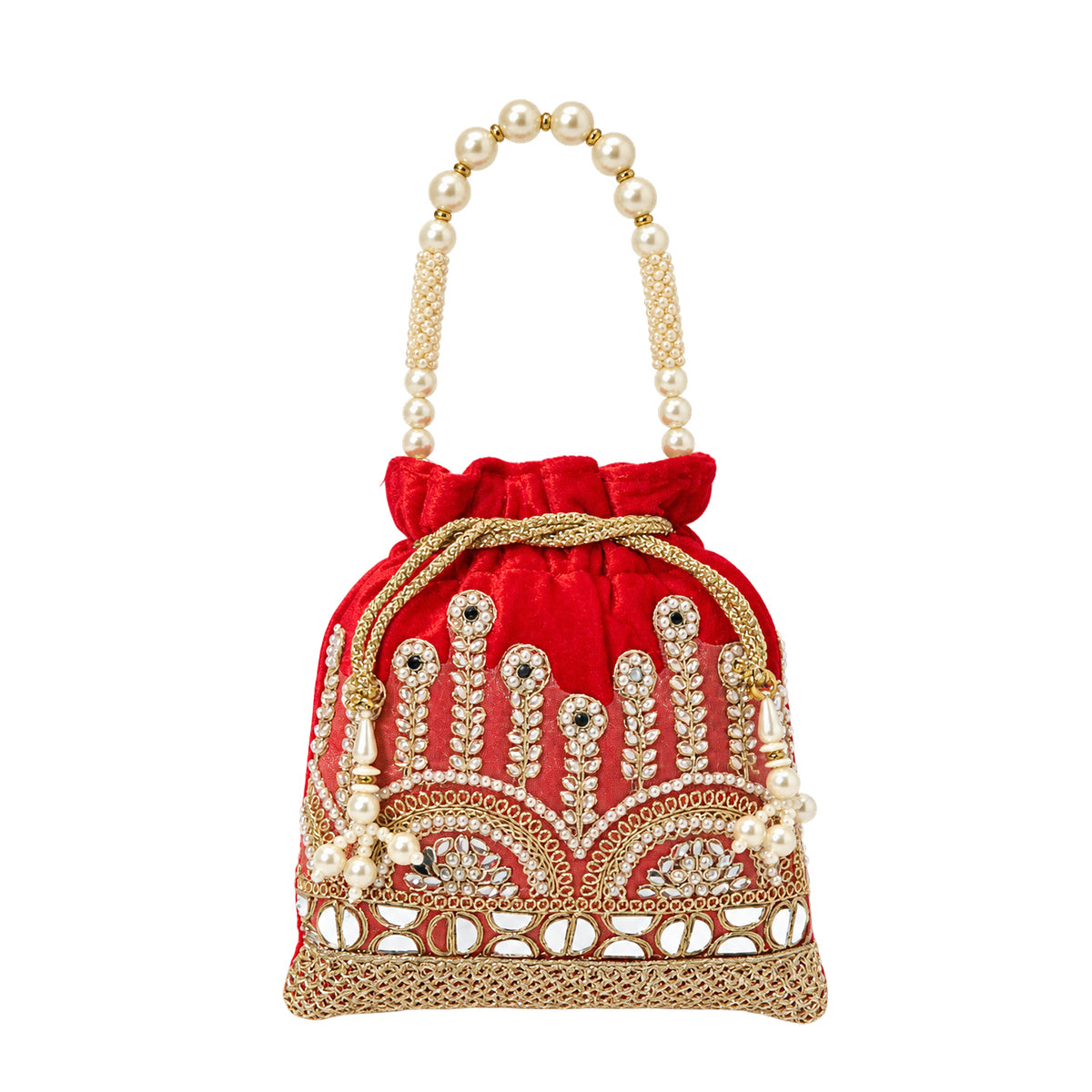Embroidered Potli Bag with Pearl Beaded Handle & Mirror Work Bag