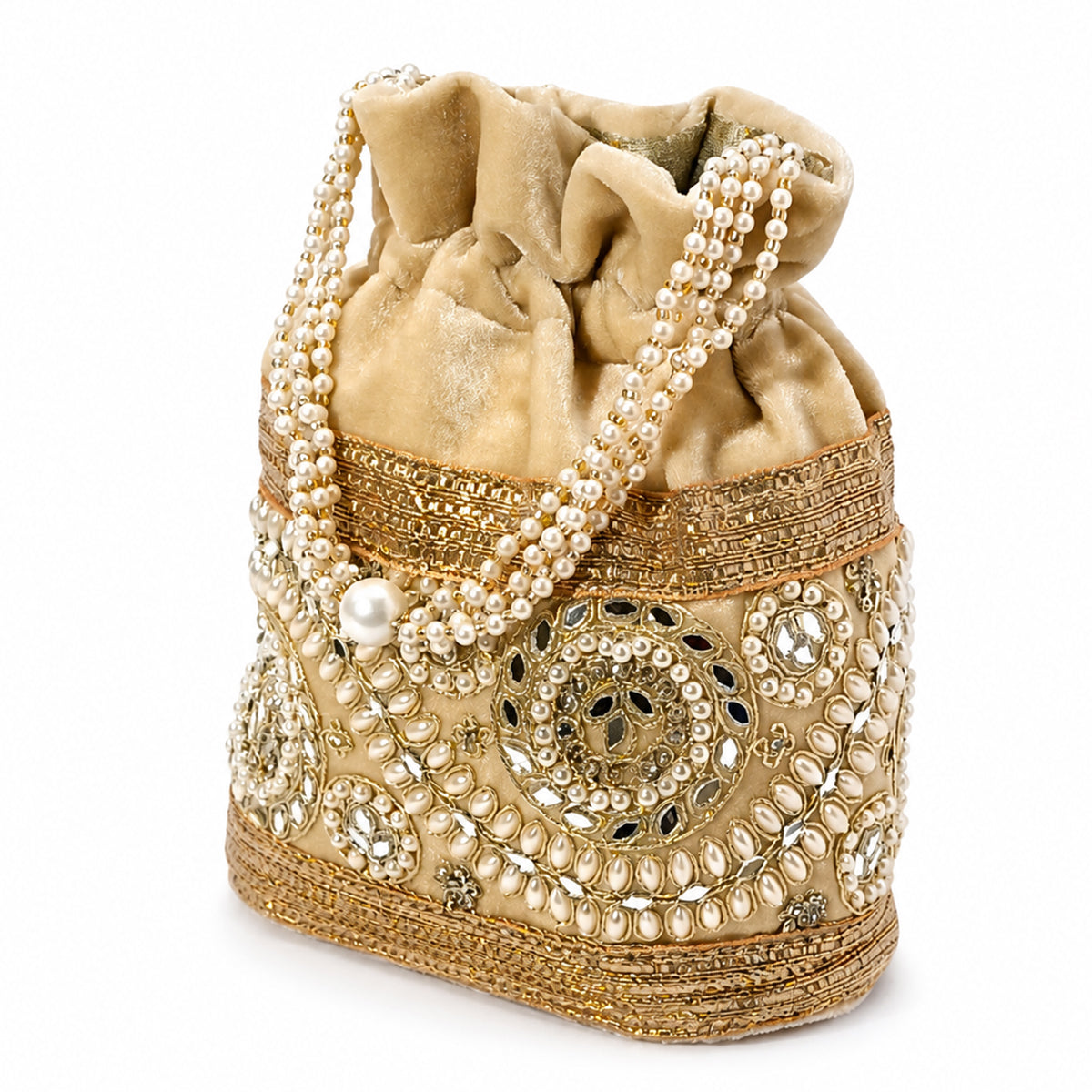 Embroidered Potli Bag with Pearl Beaded Handle & Mirror Work Bag