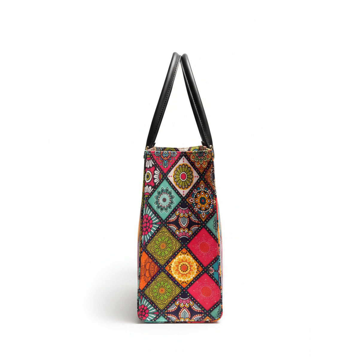 Floral Printed Structured Tote Bag with Black Handles
