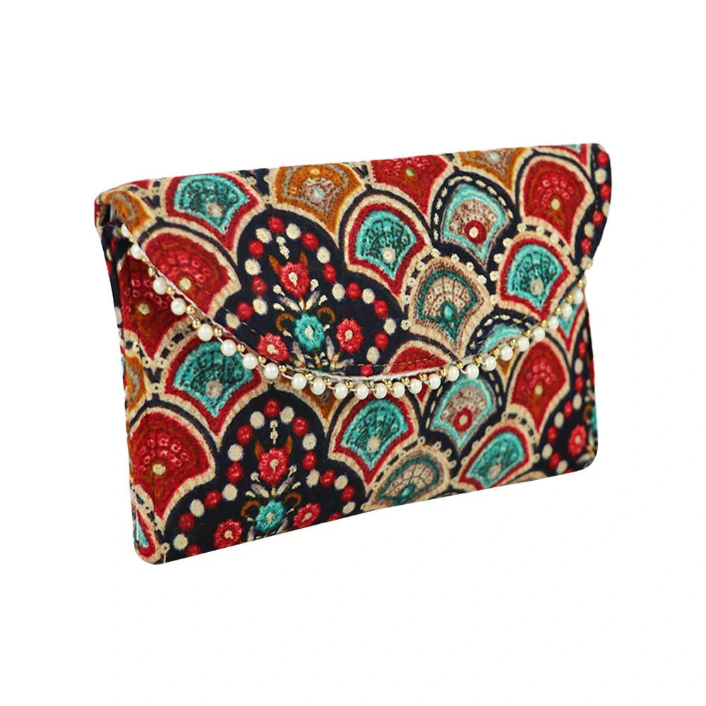 Women Black Ethnic Printed Clutch with Pearl Detailing – Traditional Party Envelope Handbag