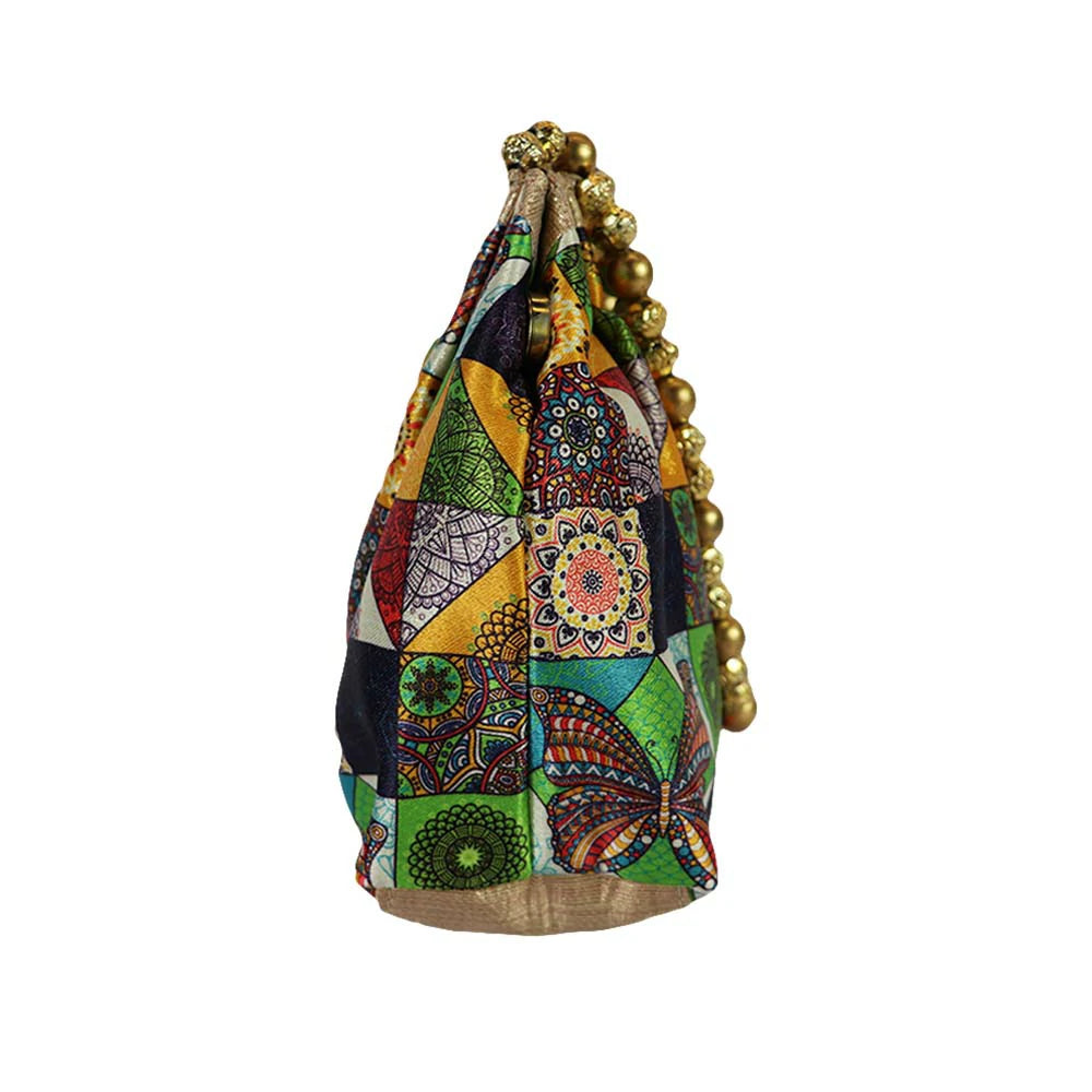 Women’s Multicolor Patchwork Handbag with Golden Beaded Handle