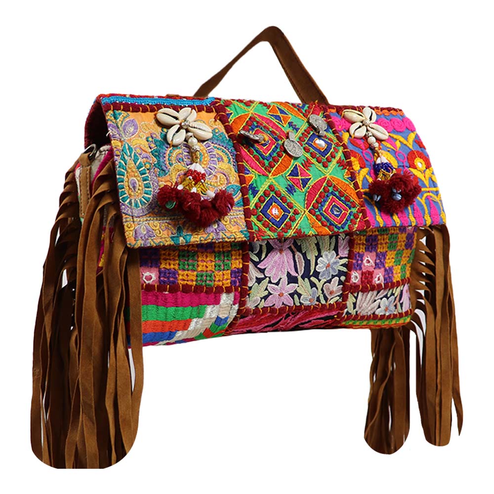 Bohemian Patchwork Fringe Handbag with Tribal Embellishments