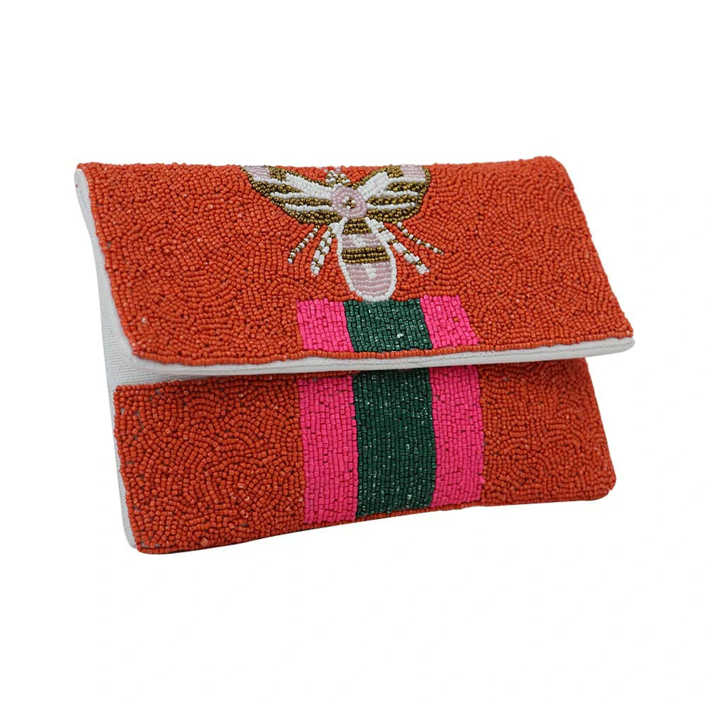 Women’s Bee Embellished Beaded Clutch with Detachable Chain Strap