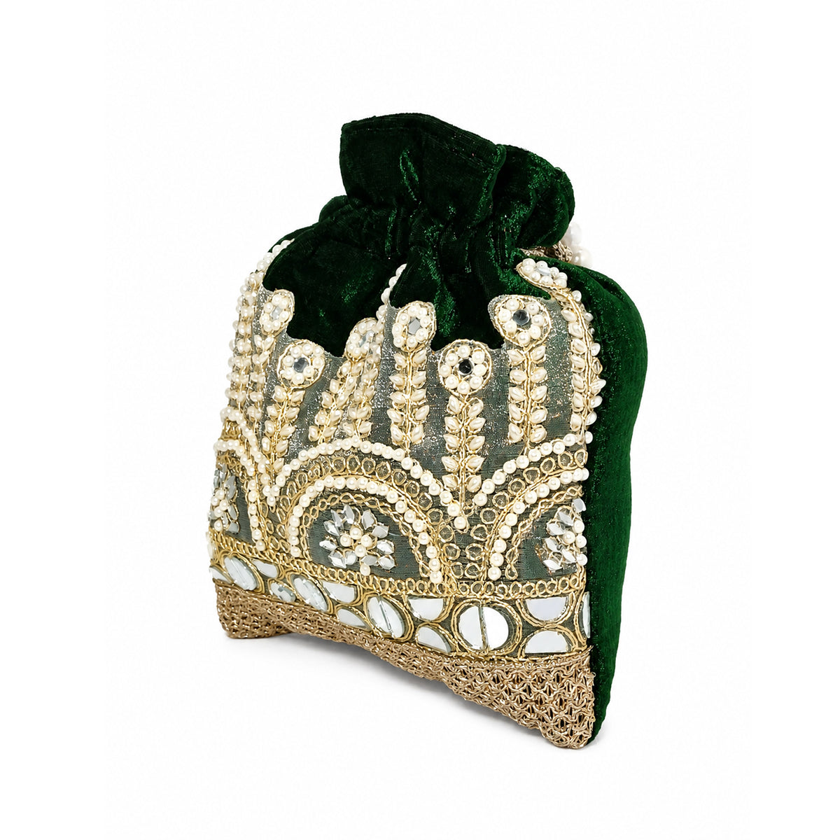 Embroidered Potli Bag with Pearl Beaded Handle & Mirror Work Bag